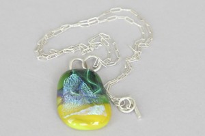 Green and yellow glass pendant necklace with Argentium Silver chain, $40